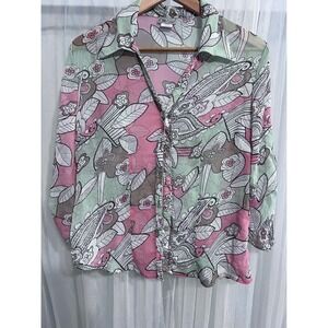 CB Career Womens Medium Pink Green Floral Paisley Metallic 3/4 Sleeve Blouse